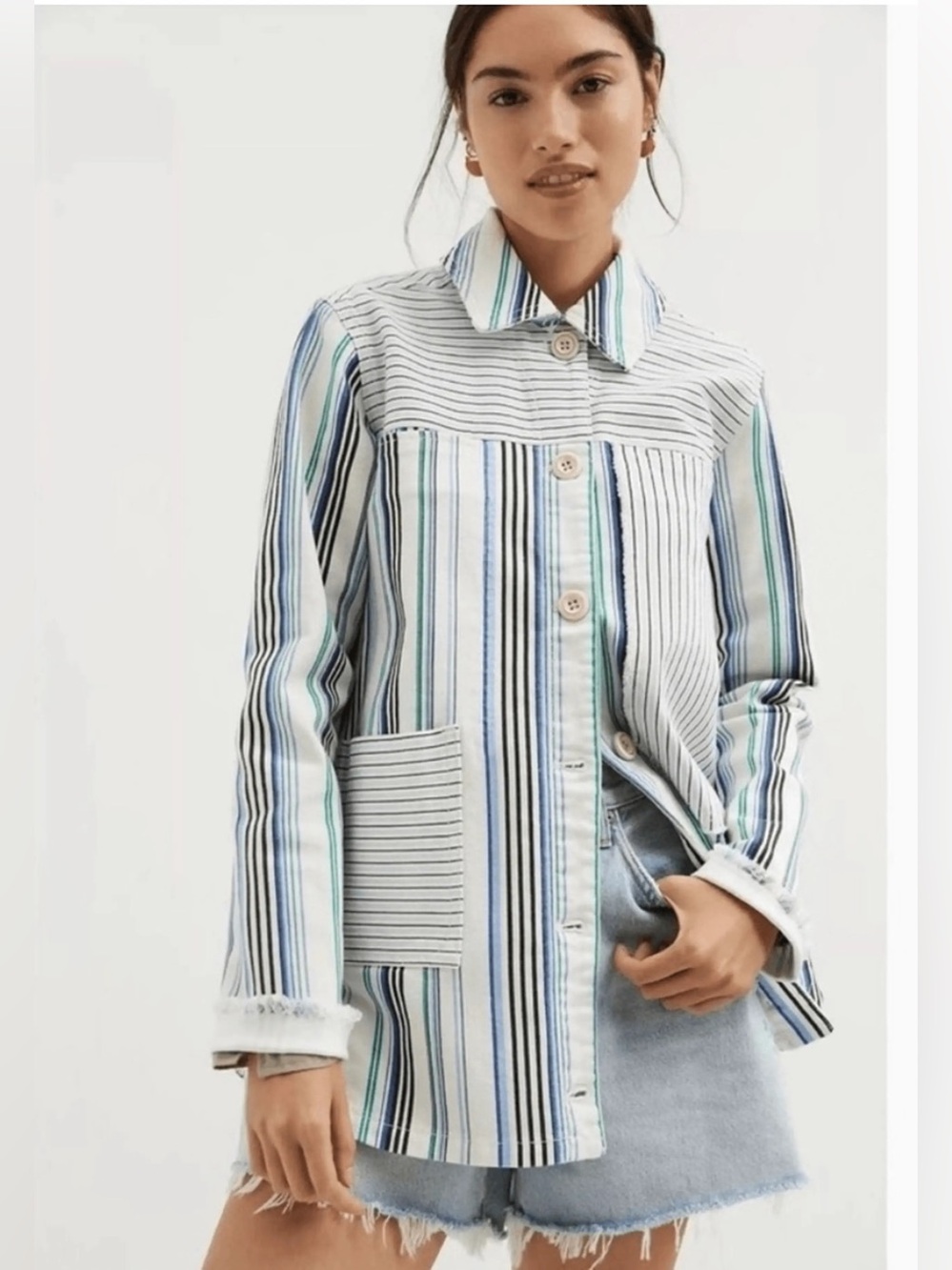 Maeve Anthropologie Striped Button-Front Jacket Shacket in White, Blue Green